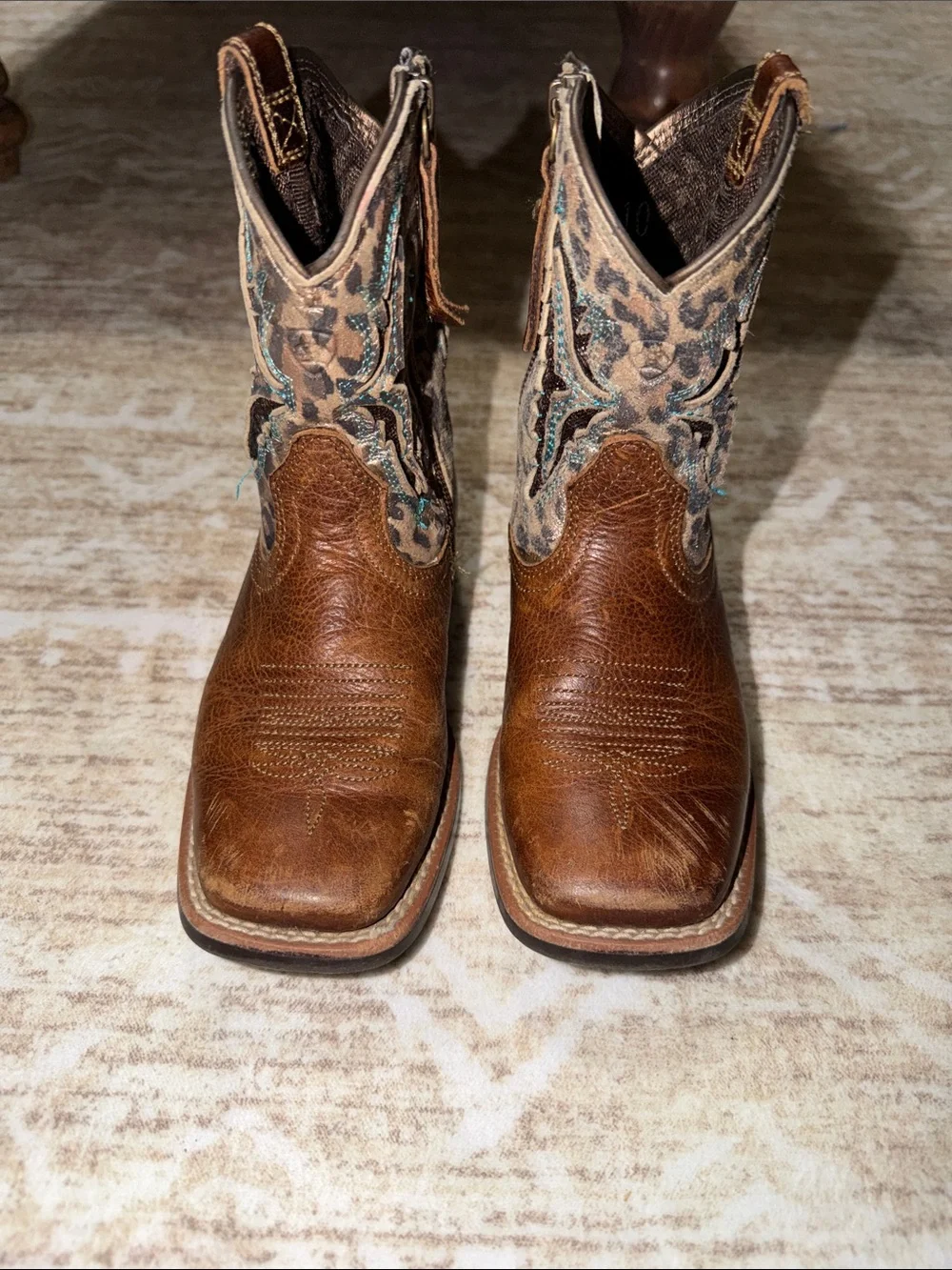 Ariat Kids Brown Leather Cowboy Boots with Leopard-Print Shaft & Teal Stitching